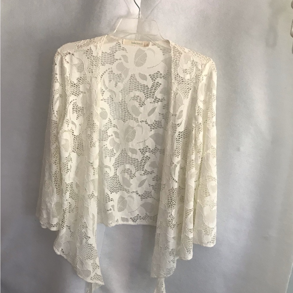 Sheer Lace Open-Front Shrug - Cream